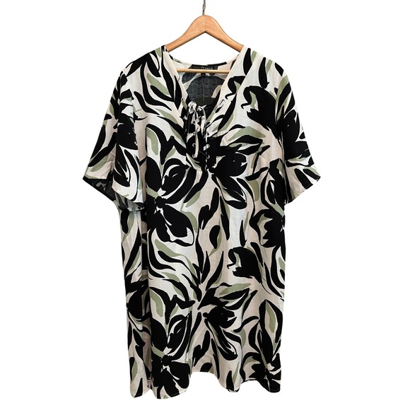 NEW Fred David Plus Size Dress Shift Lace-up Tropical Floral Black Green Chic 2X - Picture 1 of 11